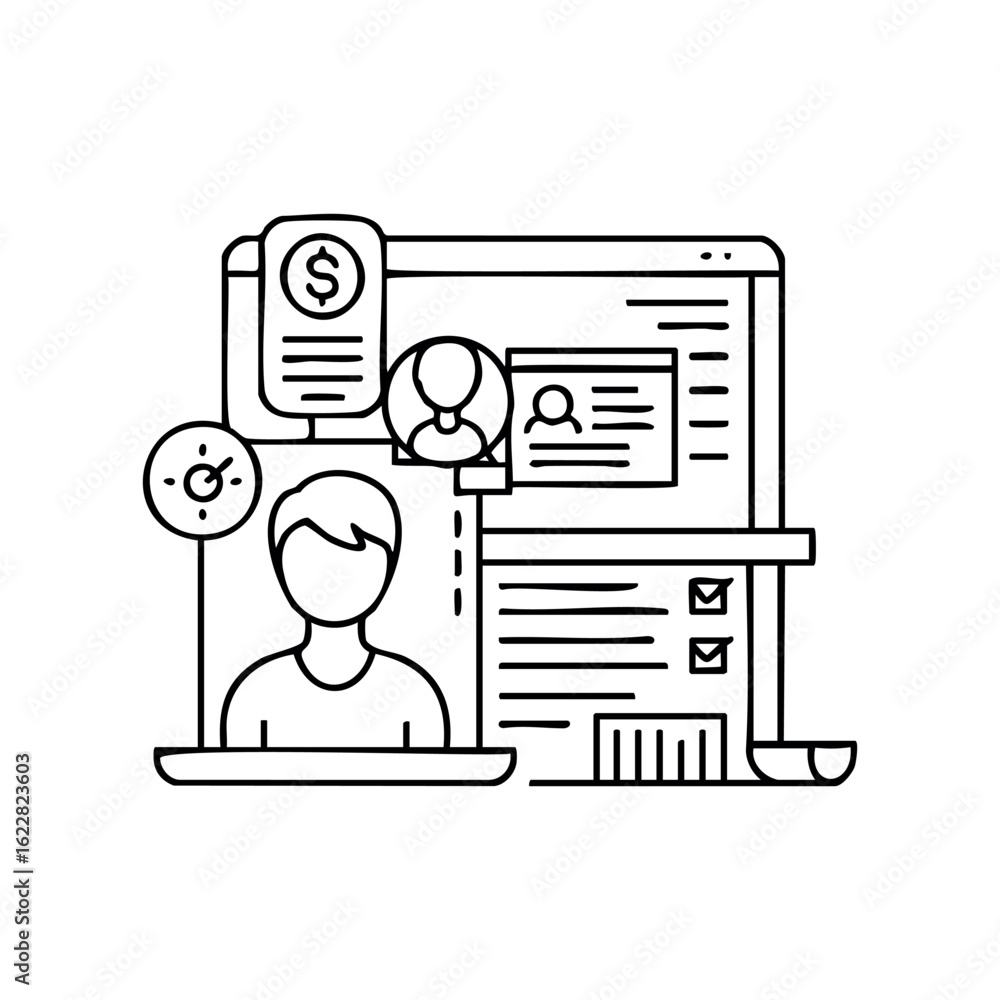 Poster human resources concept with employee profile and digital interface icons – stock vector icon in lin