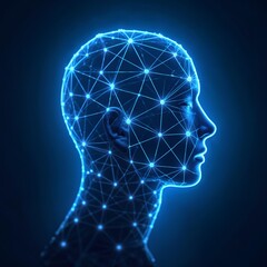 Obraz premium Neon Blue Wireframe Profile of a Human Head with Interconnected Nodes