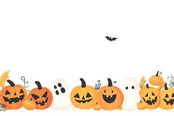 Whimsical halloween border with pumpkins ghosts and bat