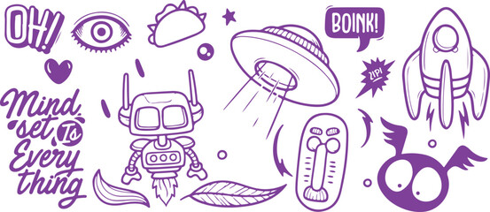 UFO and Alien Doodle Set – Spaceship, UFO, Extraterrestrial, Space, Planet, Beam, Sci-Fi, Alien, Cartoon, Illustration, Doodle, Vector, Cosmic, Technology, Hand-Drawn, Galaxy, Outer Space, Fantasy