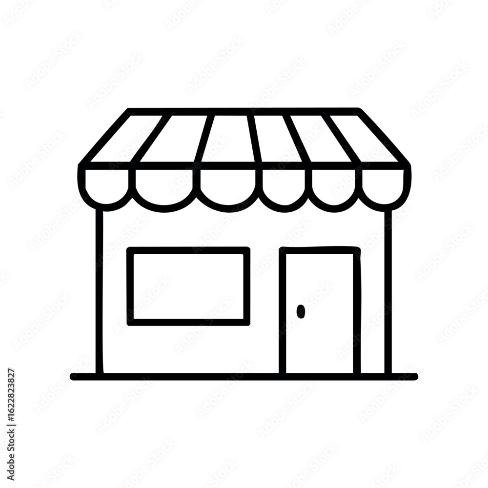 Poster simple line drawing of a storefront with awning and door – stock vector icon in line style