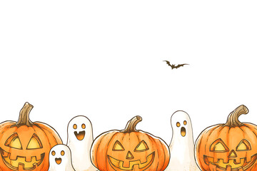 Spooky halloween pumpkins and ghosts border with a bat
