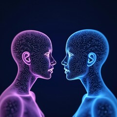 Digital Art of Two Human Figures Facing Each Other with Dot Patterns in Purple and Blue