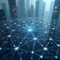 Obraz premium Interconnected Network Nodes Over a Cityscape Background