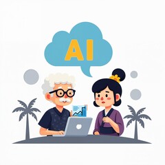 Fototapeta premium Two individuals discussing AI, with a laptop and thought bubble indicating artificial intelligence.