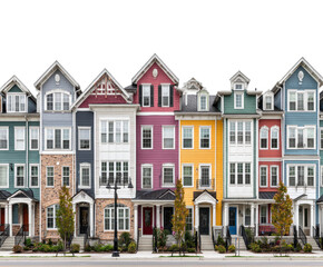 Obraz premium Colorful townhouses in urban architectural daytime isolated on transparent background, png