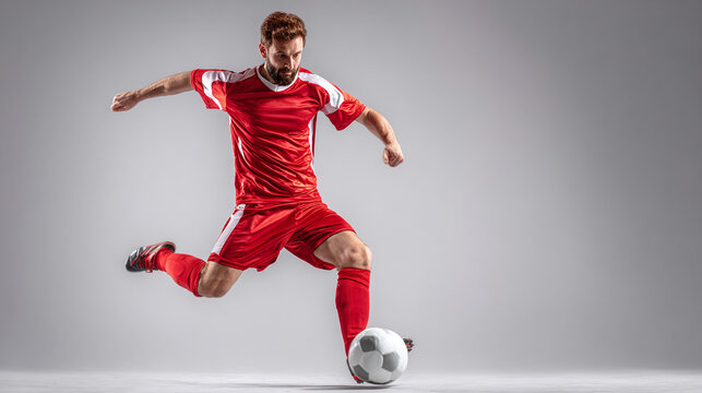 Soccer player in red uniform kicking a soccer ball. Full of energy and power in motion. Isolated on a plain background.