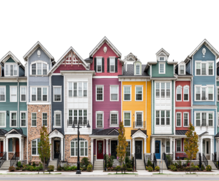 Colorful townhouses in urban architectural daytime isolated on transparent background, png