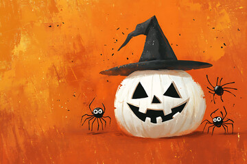 Whimsical white pumpkin with witch hat and spiders