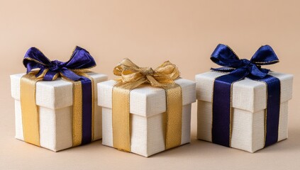 Obraz premium Three small white gift boxes with gold and navy blue ribbons
