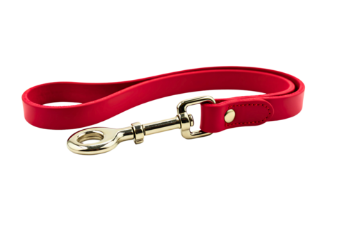 Red leather dog leash with two metal clips isolated on transparent background