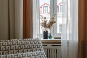 Window Still Life with Pampas Grass and Curtains