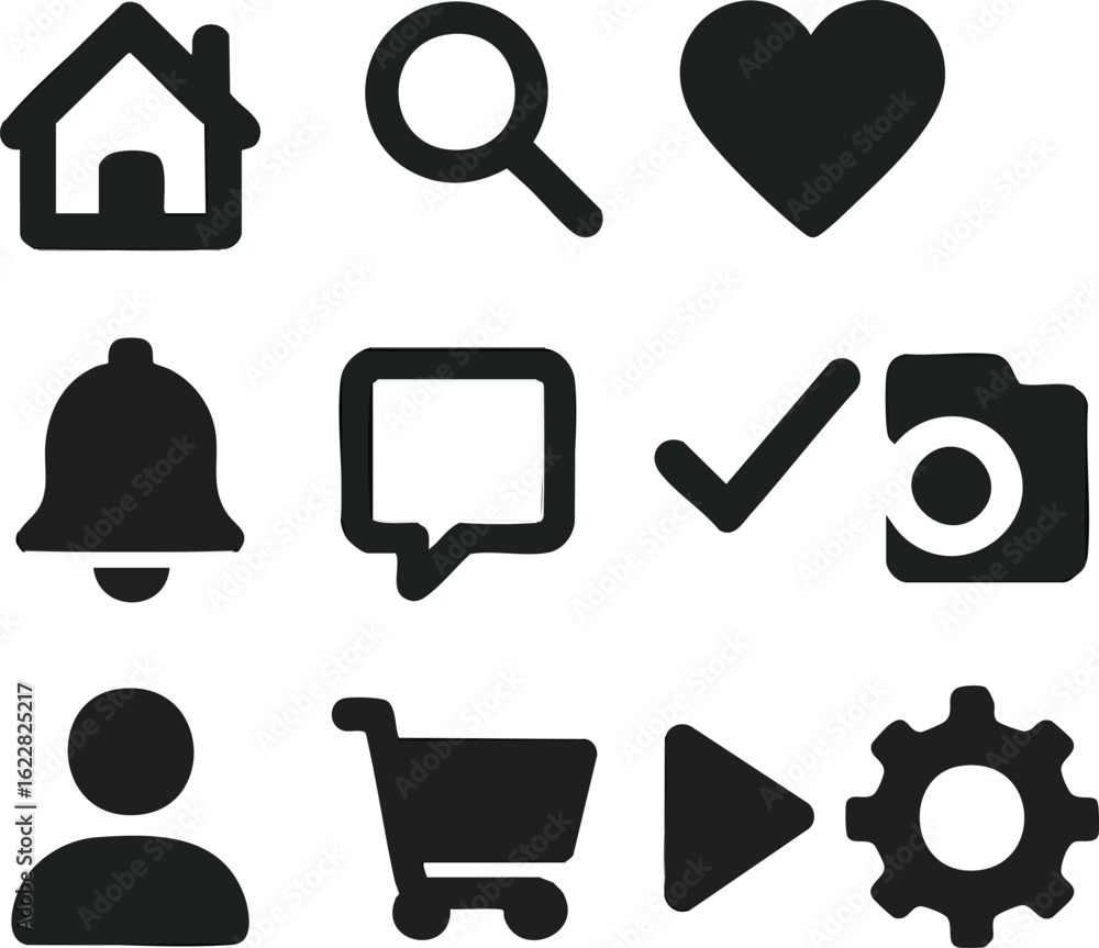 Poster set of vector icons home search heart notification comment check camera user cart play settings