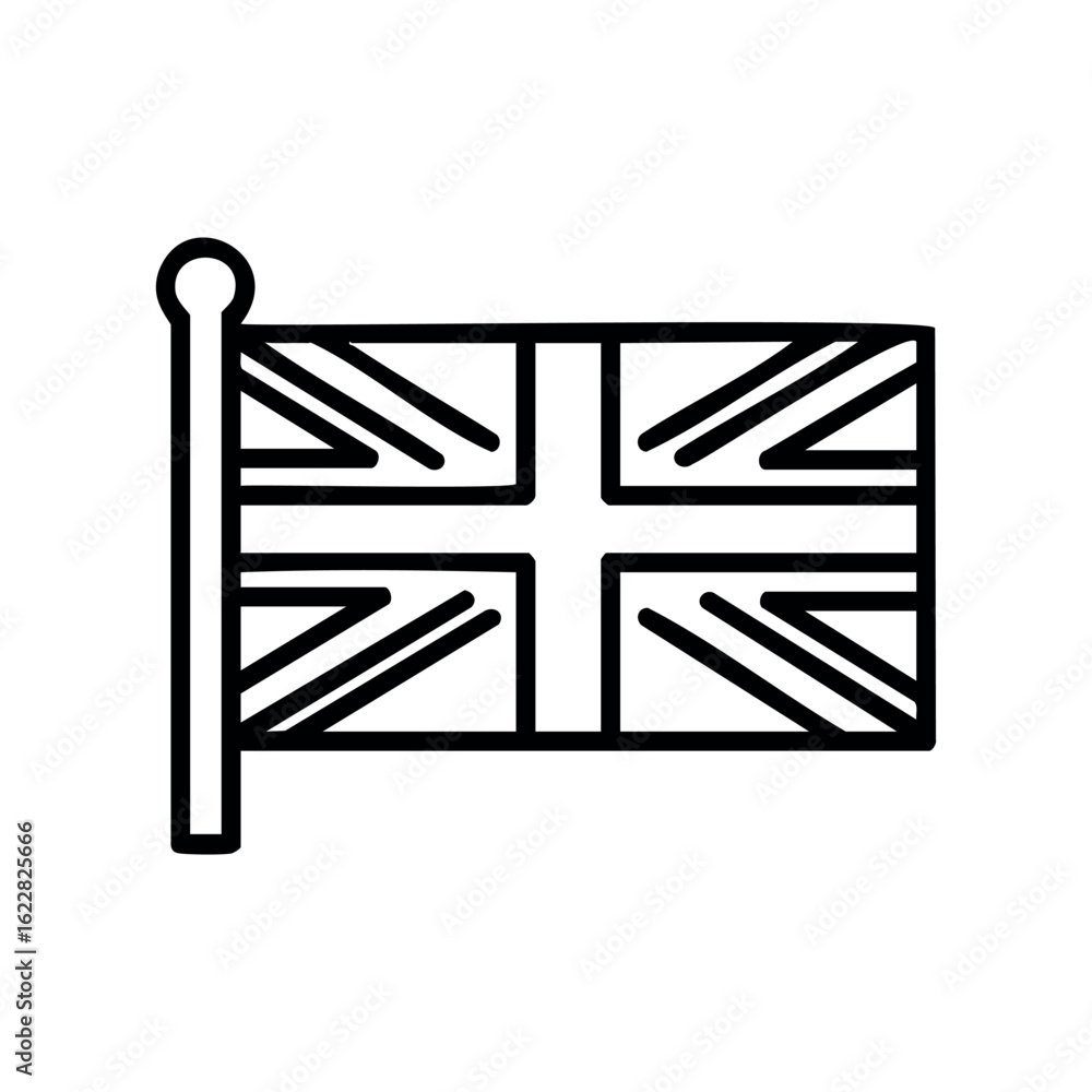 Poster monochrome outline of union jack flag with pole – stock vector icon in line style