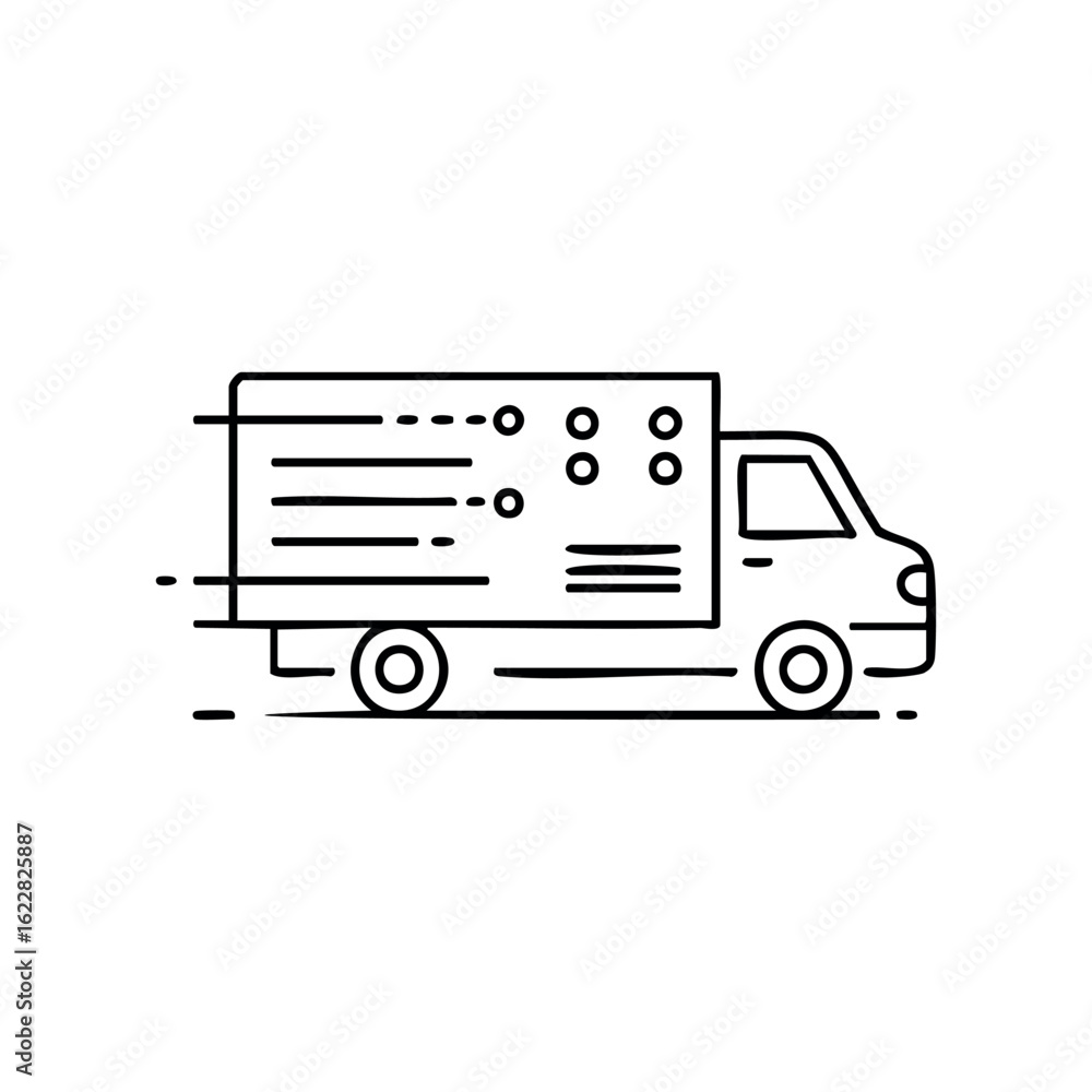 Poster simple line drawing of a fast-moving delivery truck with lines indicating speed – stock vector icon 