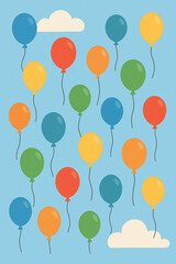 風船が飛んでいる　たくさんの　カラフル　空　かわいい　ベクターイラスト