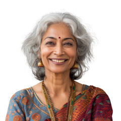 A smiling older woman with gray hair, wearing a traditional Indian sari and jewelry. background removed