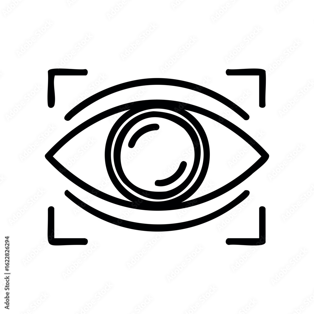 Poster eye with focus frame icon for vision and surveillance themes – stock vector icon in line style