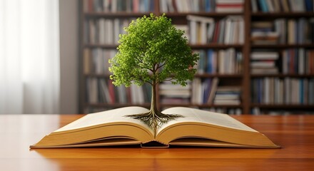 Tree growing from an open book in front of a bookshelf indoors