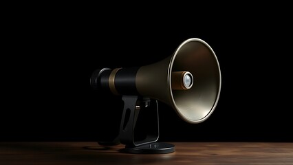 Vintage megaphone on wooden table with dramatic lighting, highlighting nostalgic and bold aesthetics.