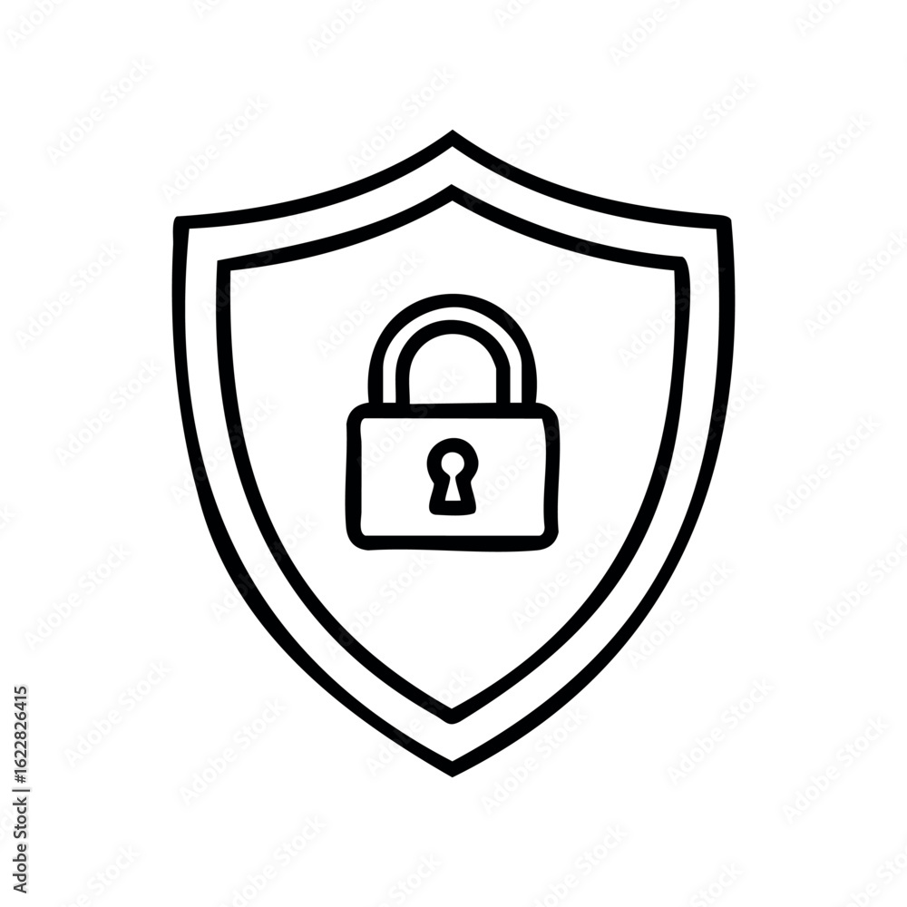 Poster shield with padlock icon representing security and protection – stock vector icon in line style
