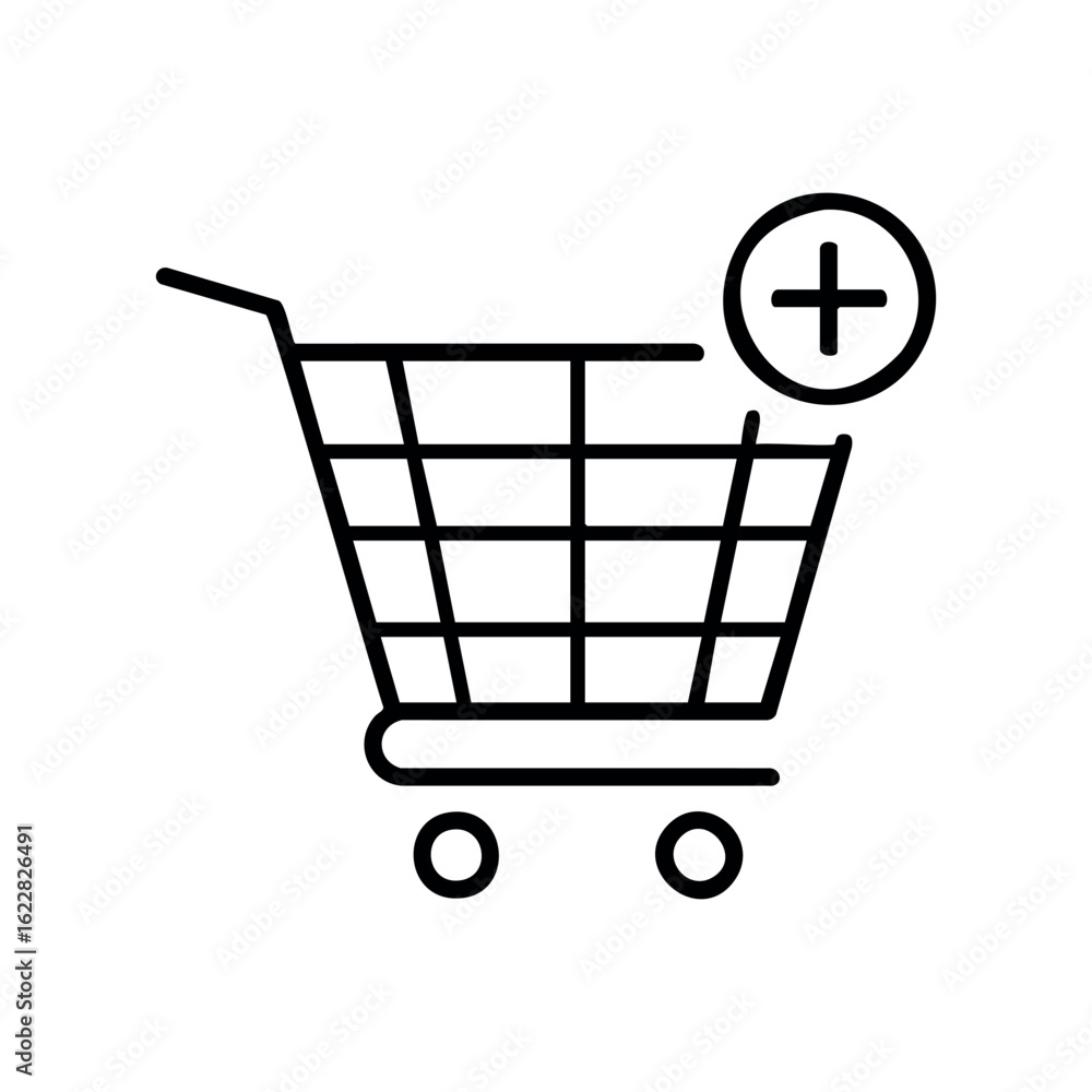 Poster shopping cart icon with add symbol for e-commerce and retail – stock vector icon in line style