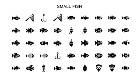 Fototapeta premium Small Fish Icons: Solid Black Collection of Marine Life and Seafood