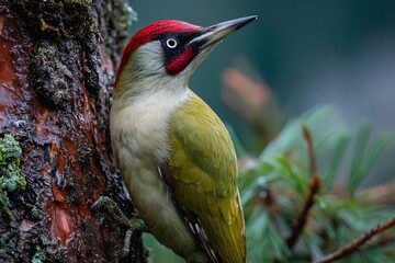 Fototapeta premium A european green woodpecker clinging to a tree trunk with a blurred background of green foliage