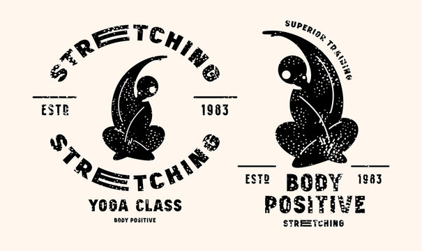 Body positive stretching class emblem. Graphic design with typographic and silhouettes of girl in asana. Gray print with rough texture on white background