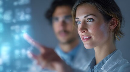 Visionaries of the Future: Two determined scientists at the forefront of technological advancement, engrossed in an augmented reality display and pushing boundaries of scientific innovation.