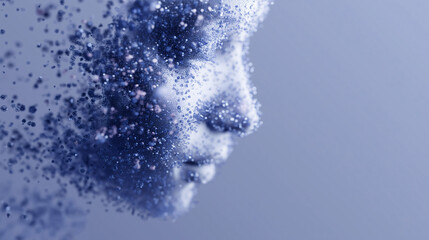 Abstract Digital Human Face Dissolving into Data Particles &ndash; AI Consciousness and Futuristic Technology Concept

