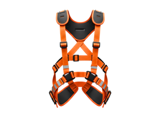 Orange safety harness for working at heights isolated on transparent background