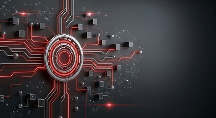 Abstract Futuristic Technology: Red Circuit Board with Glowing Central Hub, Dark Background, Digital Network Concept