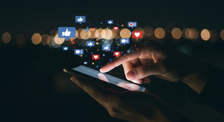 Nighttime Social Media Engagement, Digital Connection in Action, Vibrant Online Interaction, Modern Communication Moments, Smartphone Reactions and Likes.