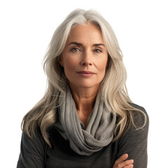 Portrait of a confident mature woman with long silver hair, wearing a gray scarf. background removed