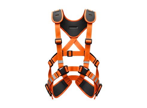 Orange safety harness for working at heights isolated on transparent background