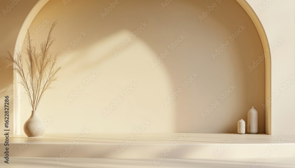 Poster pastel beige cream studio with empty table for product display and advertise with copy space for web