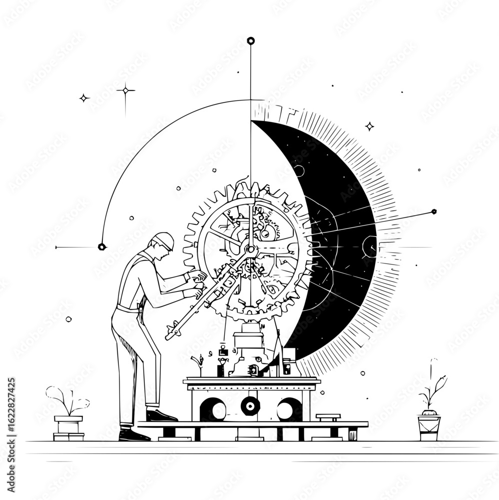 Poster engineer working on a complex gear mechanism with moon and stars in a technical drawing style