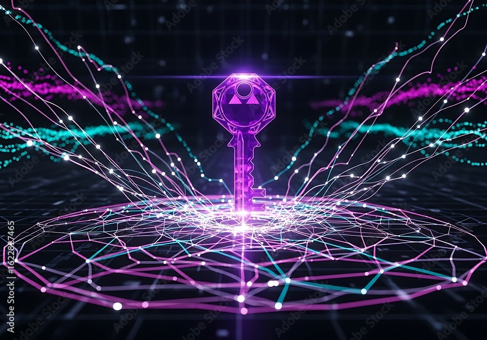 Poster cybersecurity digital key: abstract neon glowing keyhole network data access concept