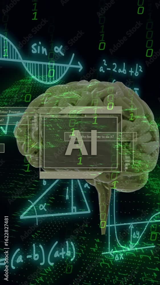 Poster animation of ai text, brain and digital data processing over black background
