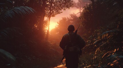 A cinematic image of a soldier back as he walks deeper into the jungle at sunset, his gun ready, tension in the air