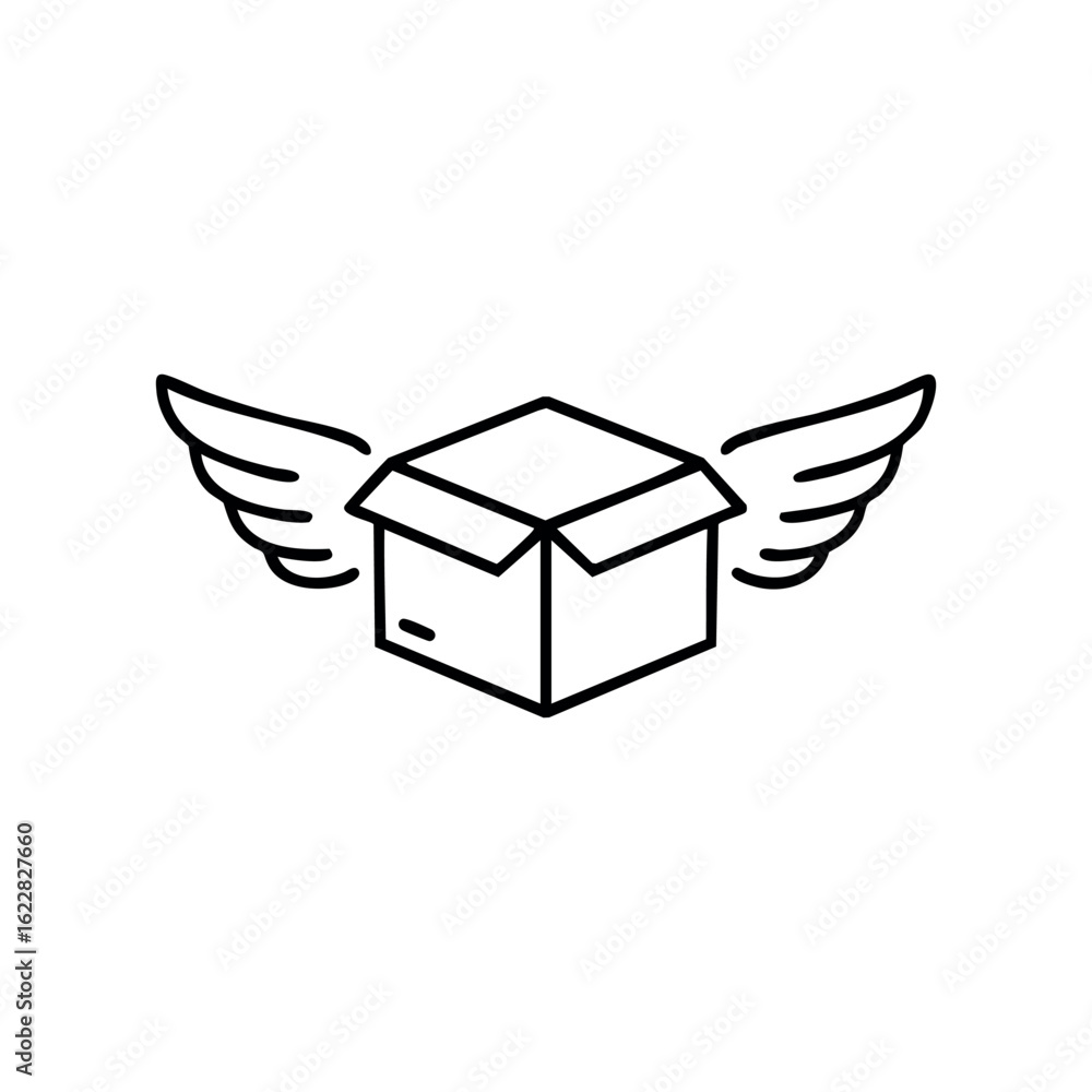 Poster winged box icon symbolizing express delivery and fast shipping – stock vector icon in line style