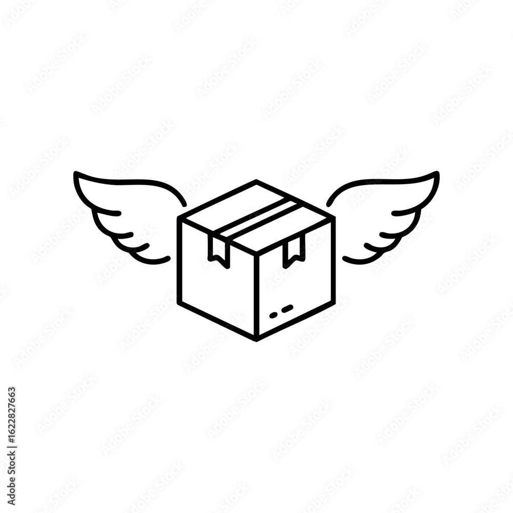 Poster box with wings icon symbolizing fast and efficient delivery service – stock vector icon in line styl
