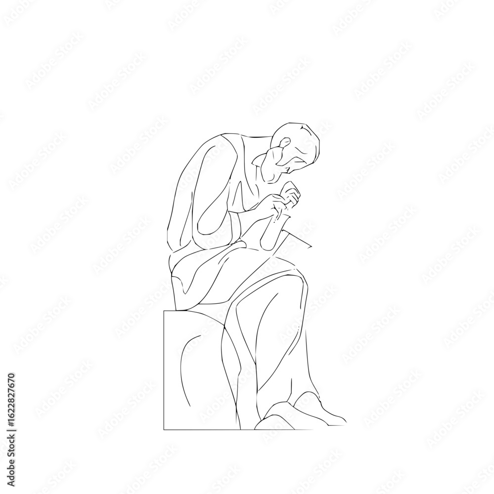 Poster minimalist line drawing of a seated person working on a small electronic component or circuit board