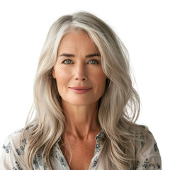 Portrait of a mature woman with long, wavy gray hair, wearing a floral blouse. background removed