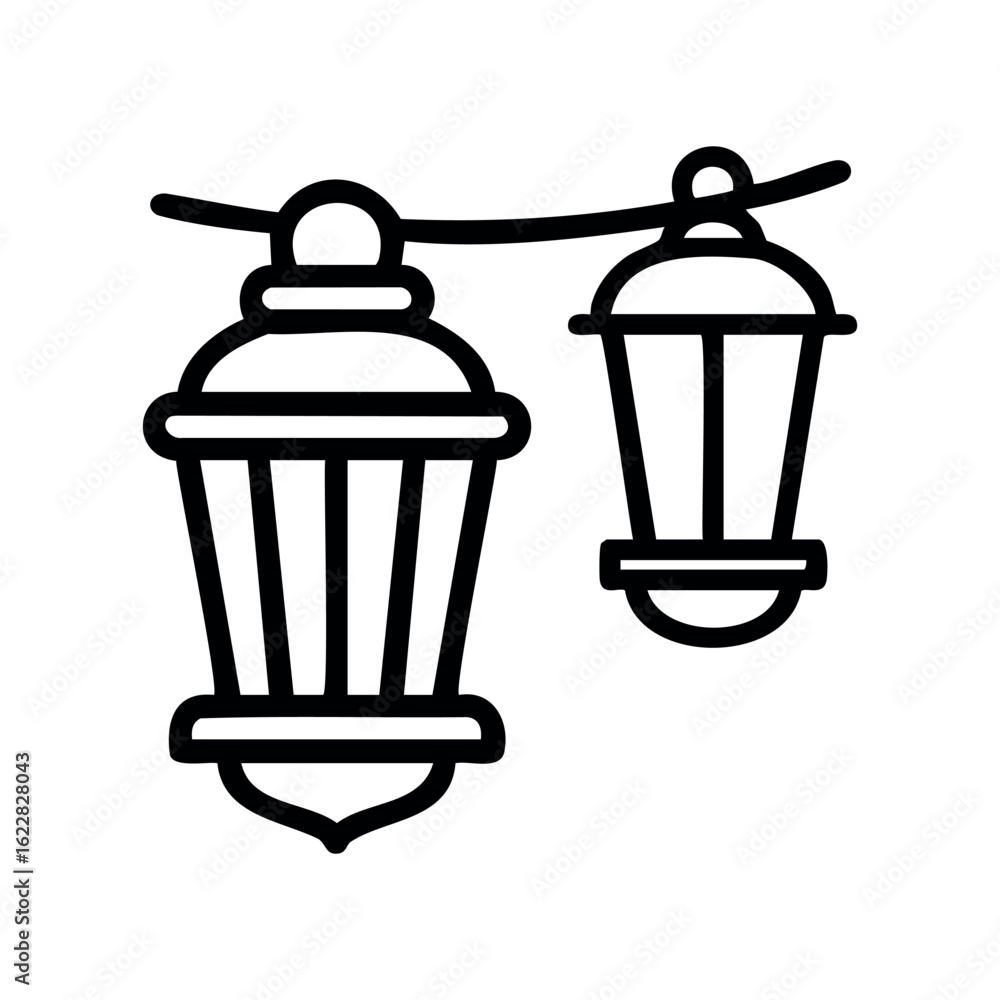 Poster outline of two hanging lanterns with rope connection – stock vector icon in line style