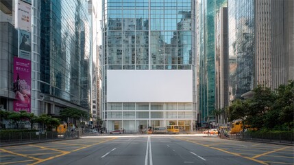 Fototapeta premium Large billboard mockup on Hong Kong Central skyscraper glass facade, modern city vibe