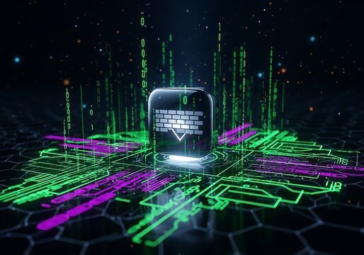 Cybersecurity Firewall Breach: Futuristic Digital App Icon, Neon Green and Pink Circuit Board, Data Stream Background. - Powered by Adobe