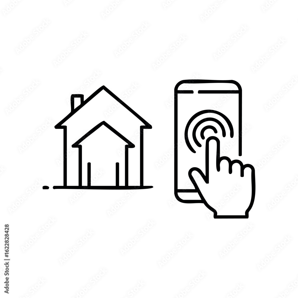 Poster smart home icon with smartphone and hand touch gesture – stock vector icon in line style