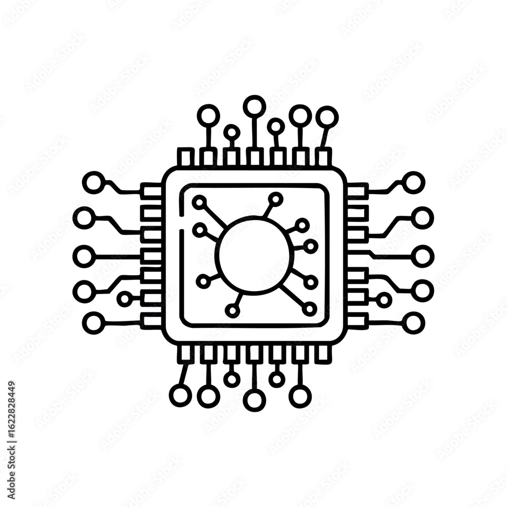 Poster outline microchip illustration with detailed circuit design – stock vector icon in line style